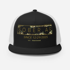 HW Sober AF Camo Trucker Cap with custom Sobriety Date